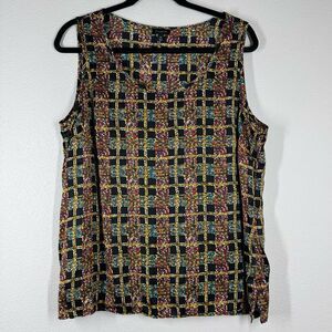 Talbots Silk Tank Top Multicolor Flecked Plaid Print Scoop Neck Plus Size 16